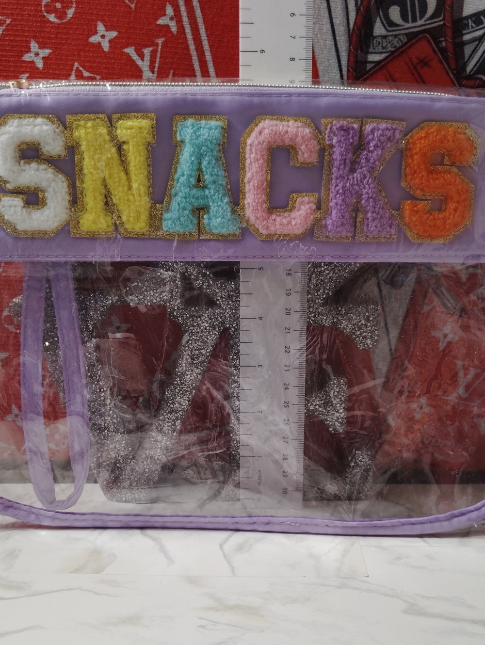 Kids Clear Snack Bag with Lavender Trim and Multicolor 'SNACKS' Patch